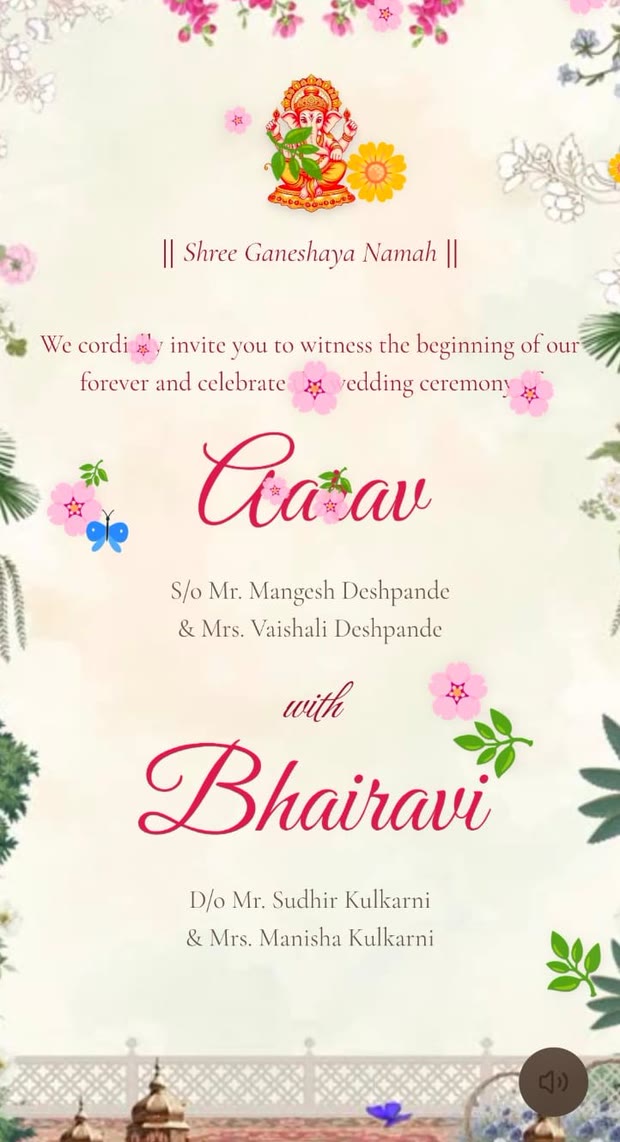 Kesariya Hindu wedding invitation inside page with Ganesha and floral border